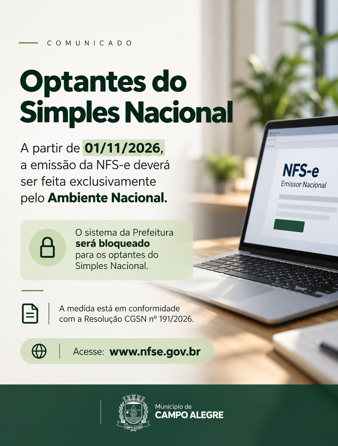 Simples Nacional: NFS-e de Campo Alegre passa a ser emitida pelo Ambiente Nacional